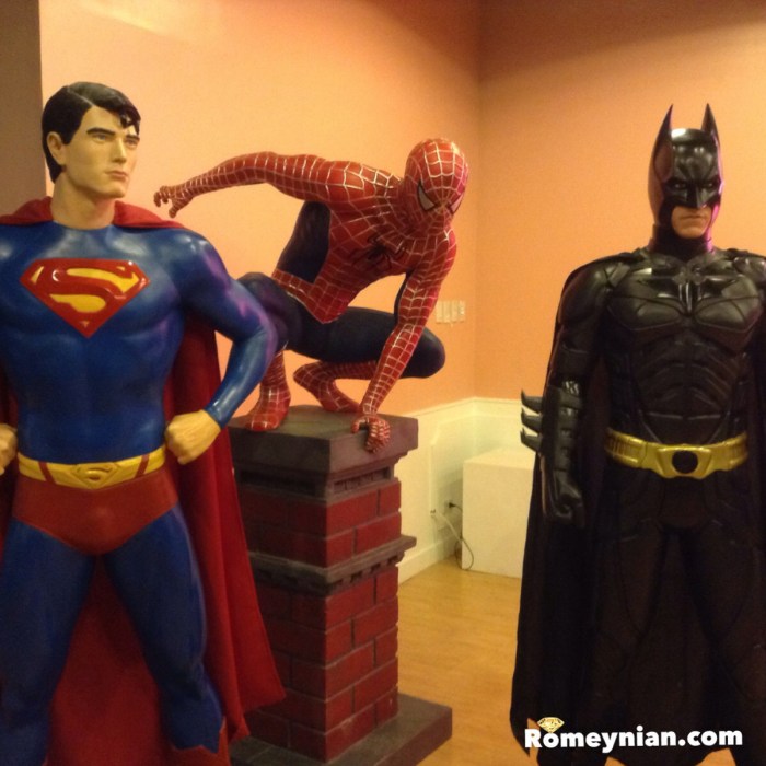 Life-size action figure of Superman, Spider-Man and Batman.